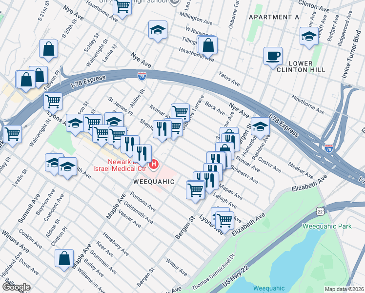 map of restaurants, bars, coffee shops, grocery stores, and more near 179 Shephard Avenue in Newark