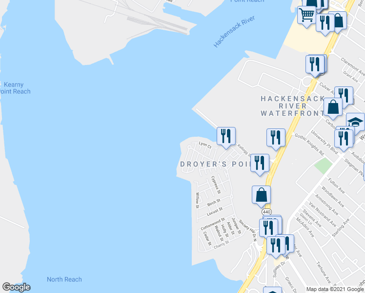 map of restaurants, bars, coffee shops, grocery stores, and more near 9 Lee Court in Jersey City