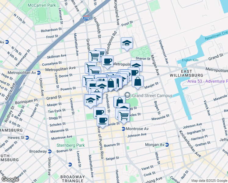map of restaurants, bars, coffee shops, grocery stores, and more near 233 Maujer Street in Brooklyn