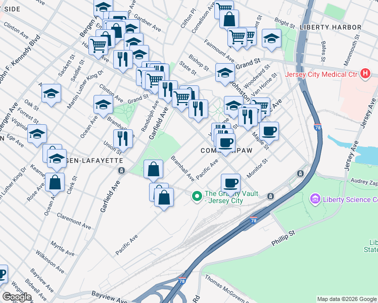 map of restaurants, bars, coffee shops, grocery stores, and more near 163 Van Horne Street in Jersey City