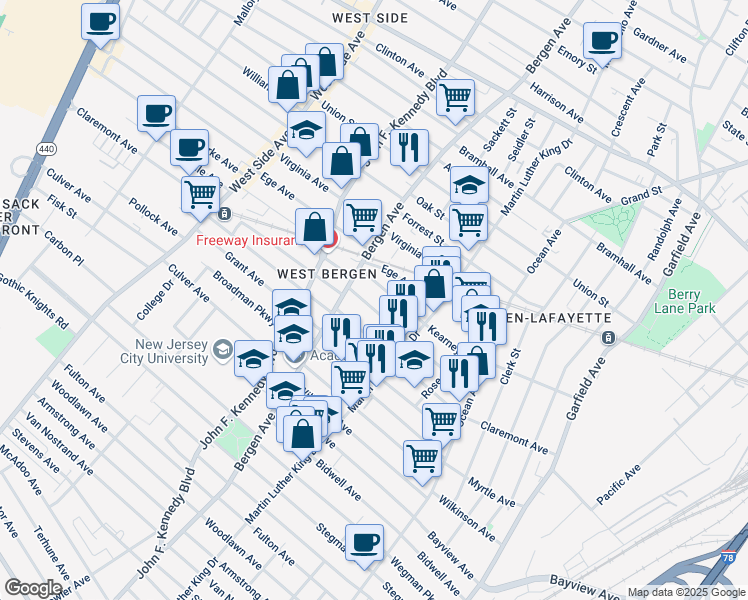 map of restaurants, bars, coffee shops, grocery stores, and more near 104 Orient Avenue in Jersey City