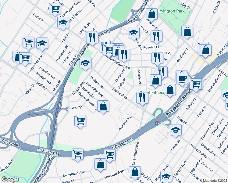 map of restaurants, bars, coffee shops, grocery stores, and more near 106 Paine Avenue in Irvington