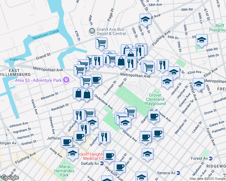 map of restaurants, bars, coffee shops, grocery stores, and more near 715 Woodward Avenue in Queens