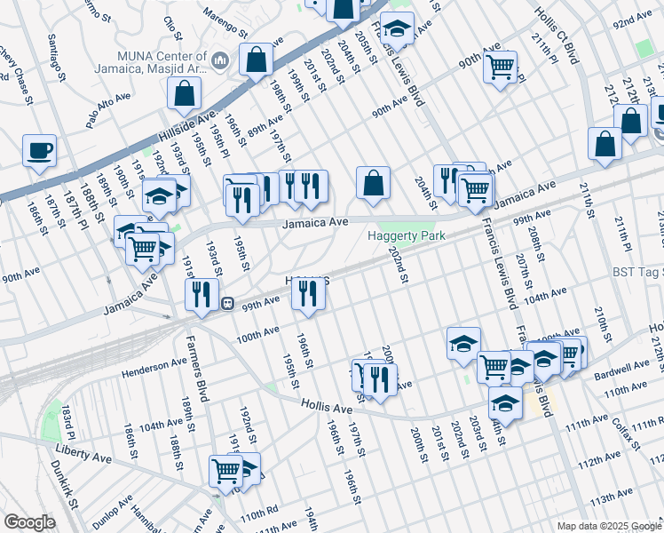 map of restaurants, bars, coffee shops, grocery stores, and more near 94-74 199th Street in Queens