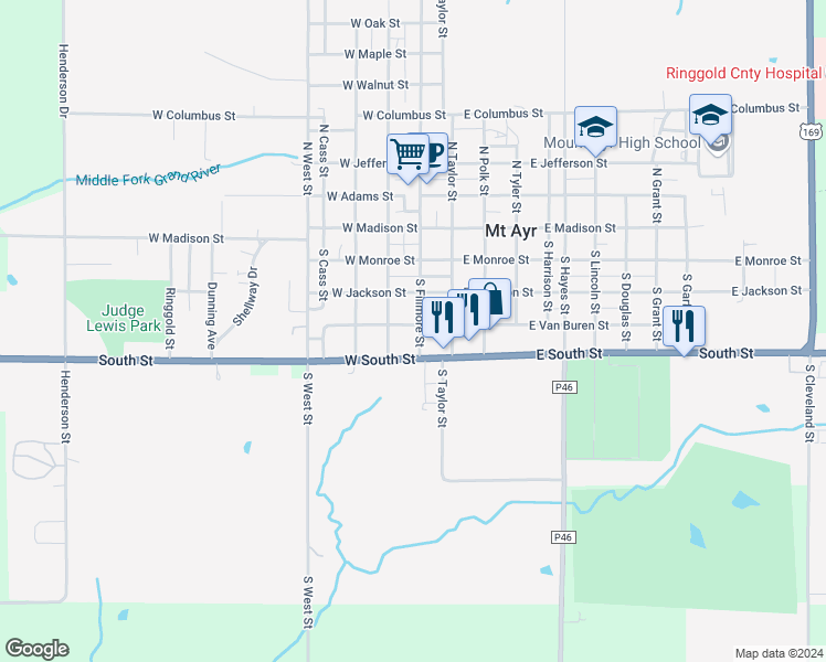 map of restaurants, bars, coffee shops, grocery stores, and more near 401 South Fillmore Street in Mount Ayr
