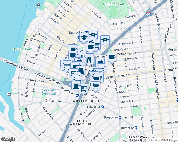map of restaurants, bars, coffee shops, grocery stores, and more near Marcy Avenue & South 1st Street in Brooklyn