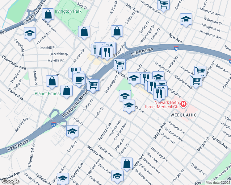 map of restaurants, bars, coffee shops, grocery stores, and more near 356 Leslie Street in Newark