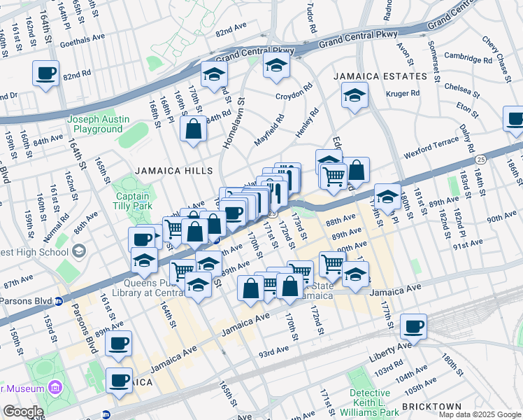 map of restaurants, bars, coffee shops, grocery stores, and more near 170-25 Hillside Avenue in Queens