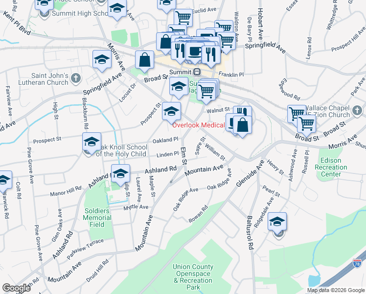 map of restaurants, bars, coffee shops, grocery stores, and more near 7 Linden Place in Summit
