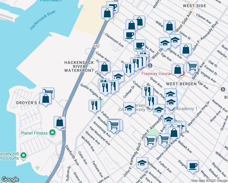 map of restaurants, bars, coffee shops, grocery stores, and more near 26 University Place Boulevard in Jersey City
