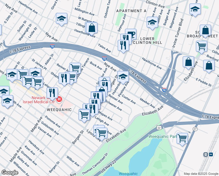 map of restaurants, bars, coffee shops, grocery stores, and more near Custer Ave & Bergen St in Newark