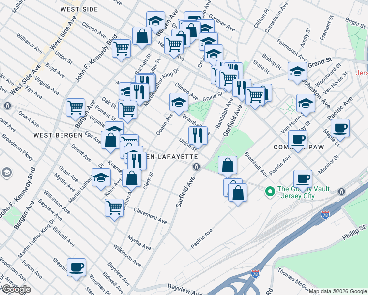 map of restaurants, bars, coffee shops, grocery stores, and more near 23 Union Street in Jersey City