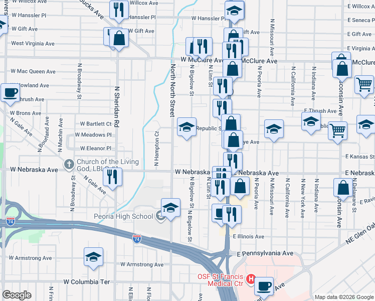 map of restaurants, bars, coffee shops, grocery stores, and more near 2003 North Bigelow Street in Peoria