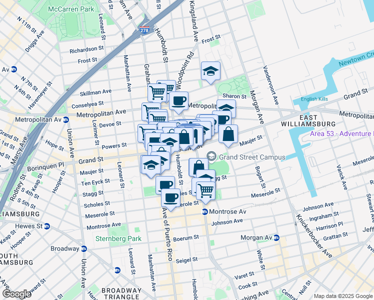 map of restaurants, bars, coffee shops, grocery stores, and more near 800 Grand Street in Brooklyn