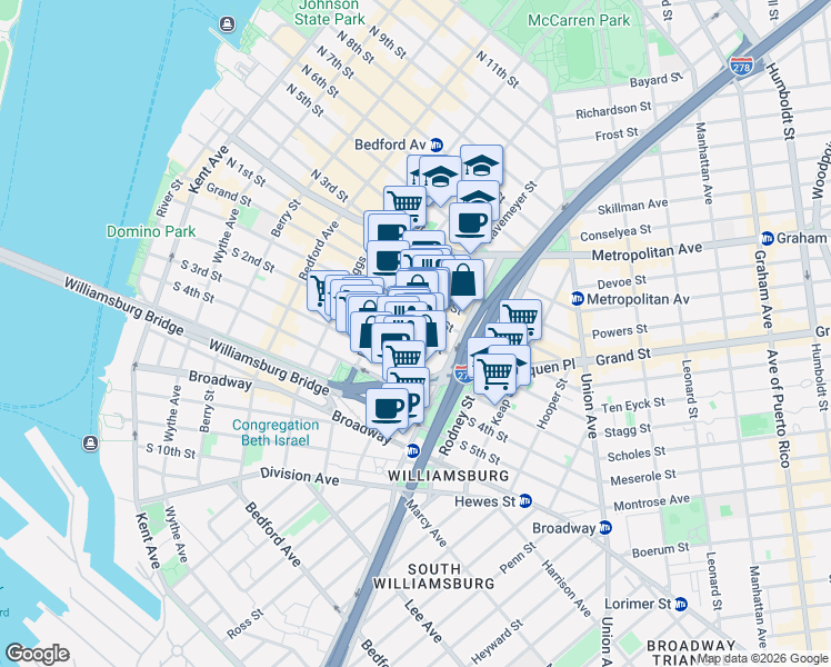 map of restaurants, bars, coffee shops, grocery stores, and more near 255 South 2nd Street in Brooklyn