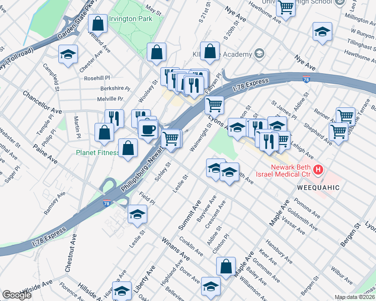 map of restaurants, bars, coffee shops, grocery stores, and more near 277 Wainwright Street in Newark