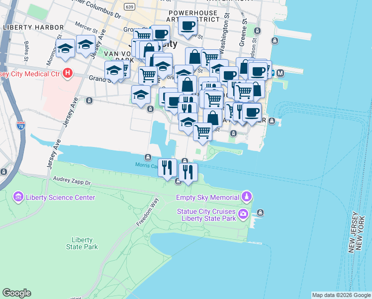 map of restaurants, bars, coffee shops, grocery stores, and more near 15 Warren Street in Jersey City