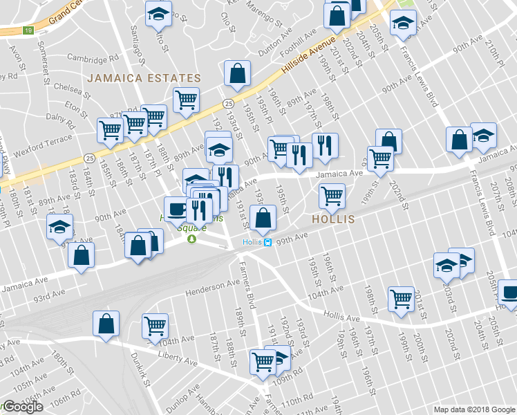 map of restaurants, bars, coffee shops, grocery stores, and more near 91-44 193rd Street in Queens