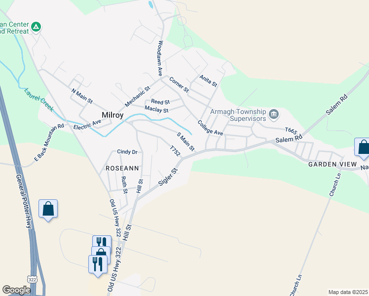map of restaurants, bars, coffee shops, grocery stores, and more near 156 South Main Street in Milroy