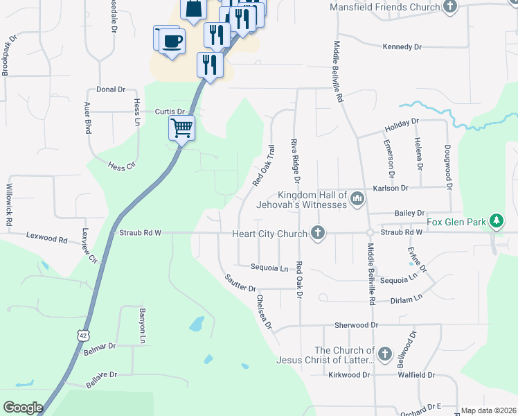 map of restaurants, bars, coffee shops, grocery stores, and more near 832 York Street West in Mansfield