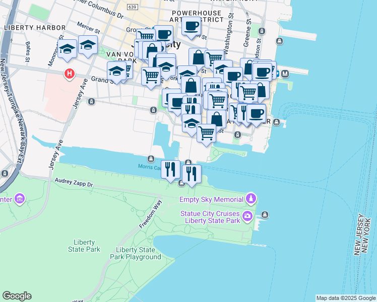 map of restaurants, bars, coffee shops, grocery stores, and more near 15 Warren Street in Jersey City