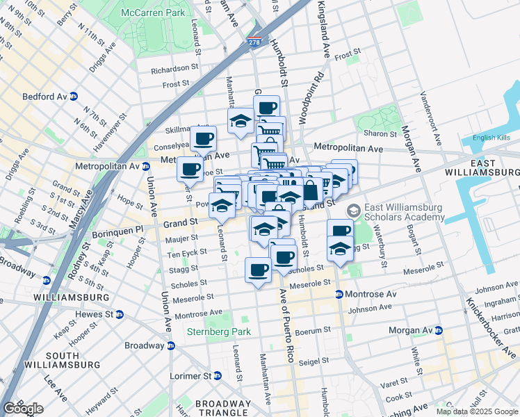 map of restaurants, bars, coffee shops, grocery stores, and more near 697 Grand Street in Brooklyn
