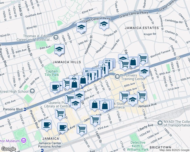 map of restaurants, bars, coffee shops, grocery stores, and more near 170-32 Cedarcroft Road in Queens