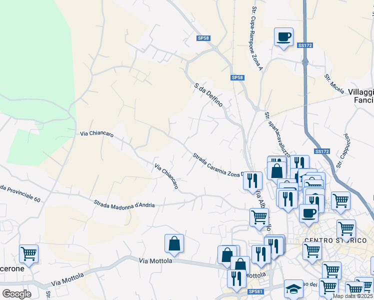 map of restaurants, bars, coffee shops, grocery stores, and more near 35 Strada Caramia Zona D in Martina Franca
