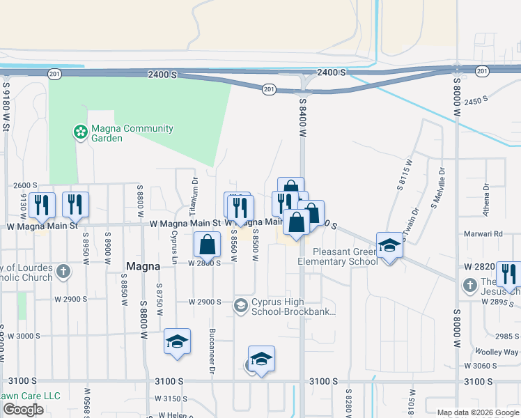 map of restaurants, bars, coffee shops, grocery stores, and more near 2660 South 8490 West Street in Magna