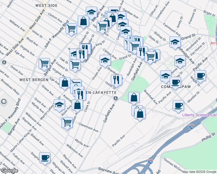map of restaurants, bars, coffee shops, grocery stores, and more near 307 Arlington Avenue in Jersey City