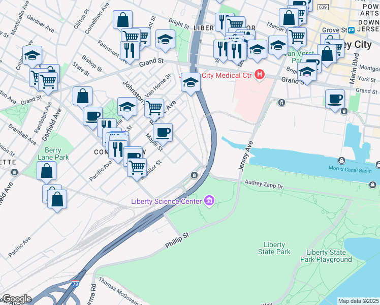 map of restaurants, bars, coffee shops, grocery stores, and more near 295 Johnston Avenue in Jersey City