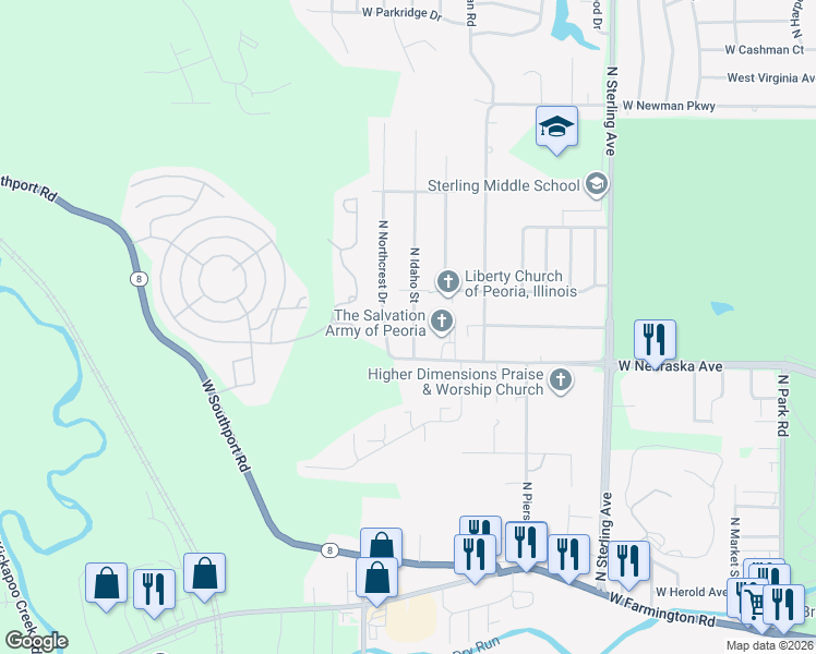map of restaurants, bars, coffee shops, grocery stores, and more near 1921 North Idaho Street in Peoria