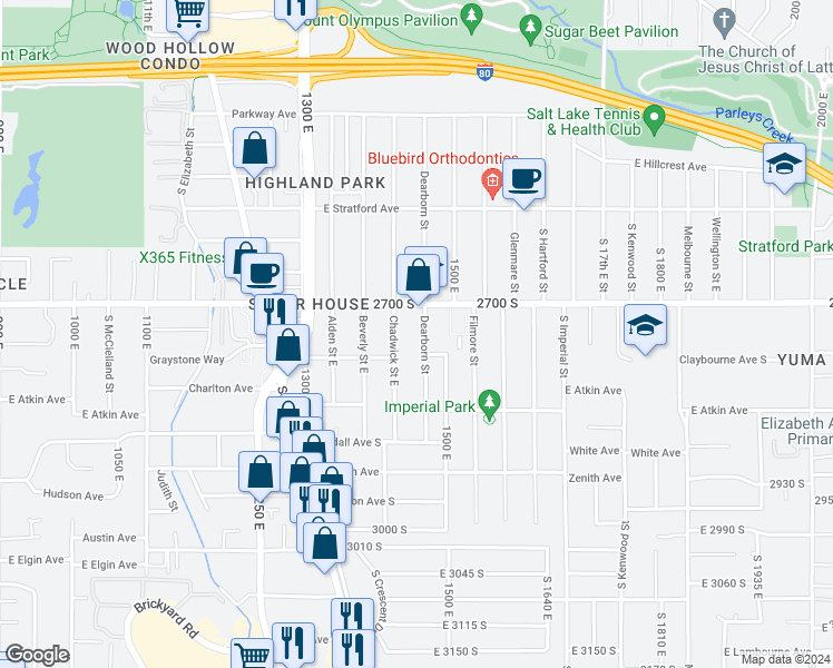 map of restaurants, bars, coffee shops, grocery stores, and more near 2742 Dearborn Street in Salt Lake City