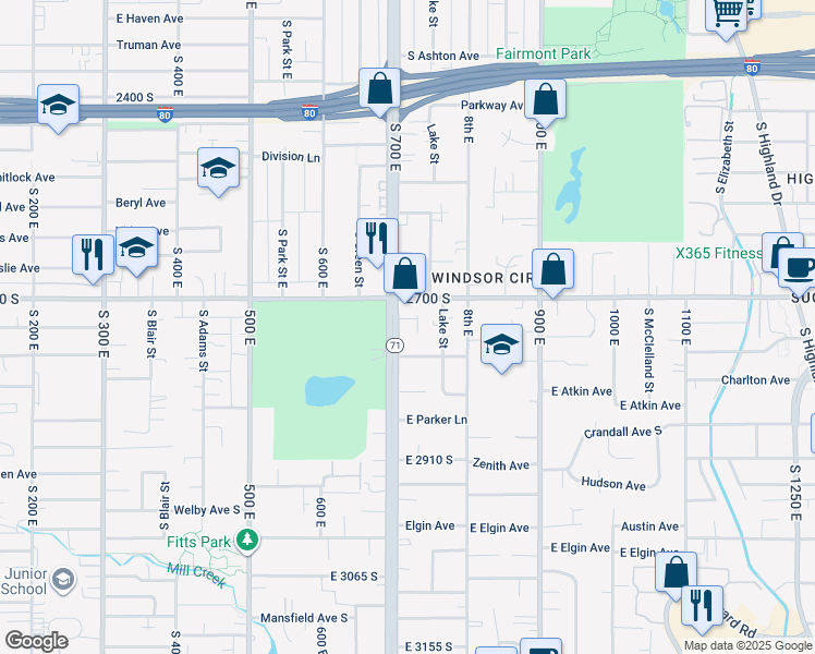map of restaurants, bars, coffee shops, grocery stores, and more near 2725 South 700 East in Millcreek