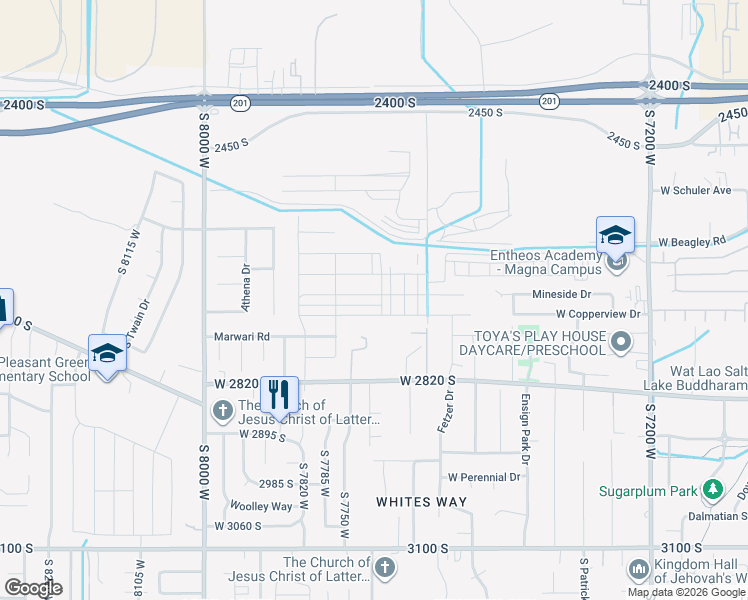 map of restaurants, bars, coffee shops, grocery stores, and more near 7846 West 2820 South in Magna