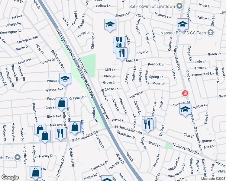 map of restaurants, bars, coffee shops, grocery stores, and more near 11 Curve Lane in Levittown