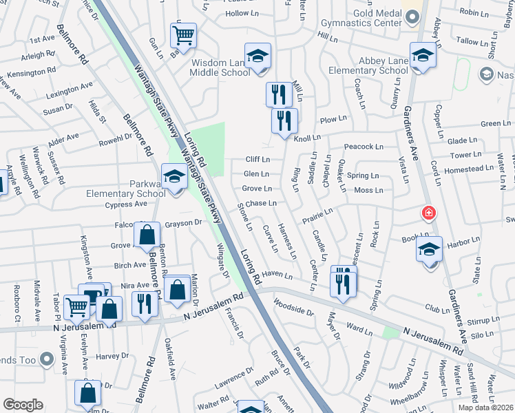 map of restaurants, bars, coffee shops, grocery stores, and more near 11 Curve Lane in Levittown