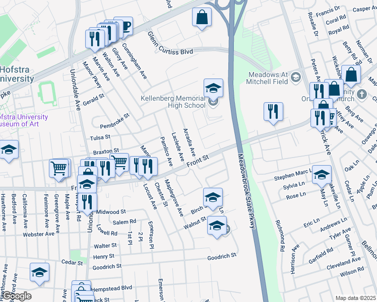 map of restaurants, bars, coffee shops, grocery stores, and more near 314 Arcadia Avenue in Uniondale