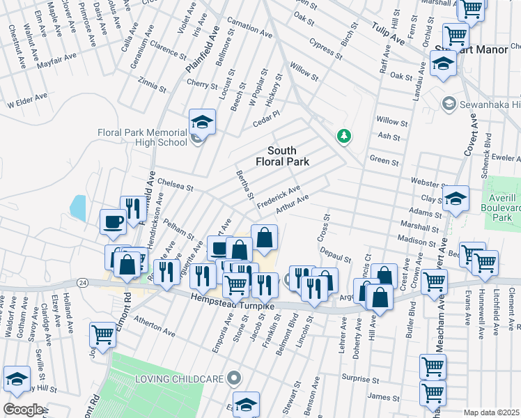 map of restaurants, bars, coffee shops, grocery stores, and more near 44 Arthur Avenue in South Floral Park