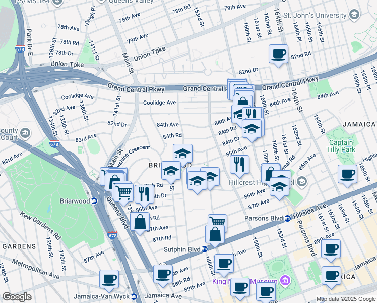 map of restaurants, bars, coffee shops, grocery stores, and more near 147-22 84th Drive in Queens