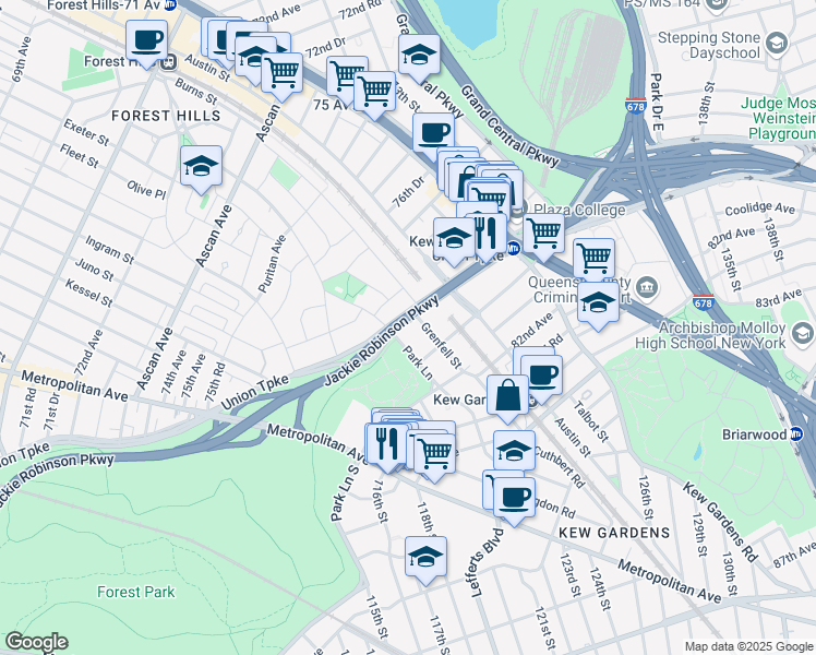 map of restaurants, bars, coffee shops, grocery stores, and more near in Queens