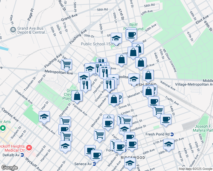 map of restaurants, bars, coffee shops, grocery stores, and more near 22-11 Greene Avenue in Queens