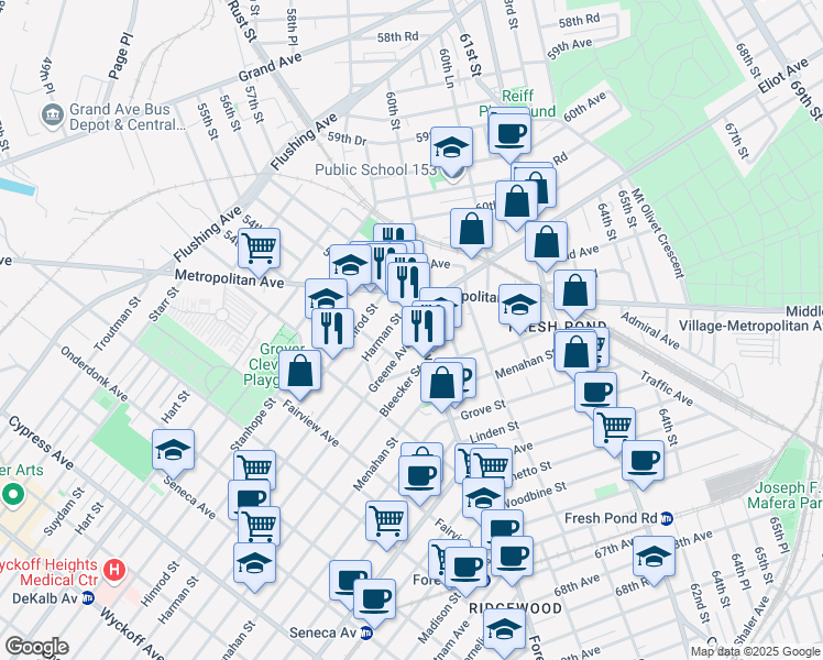 map of restaurants, bars, coffee shops, grocery stores, and more near 22-11 Greene Avenue in Queens
