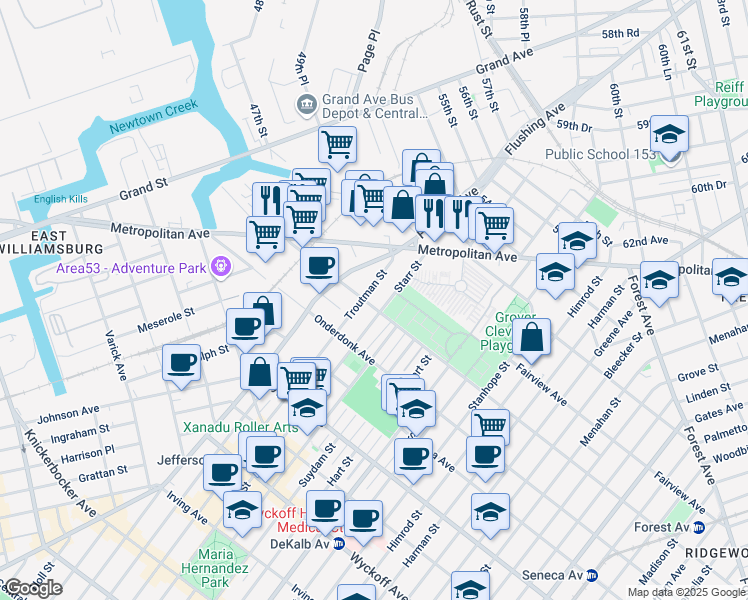 map of restaurants, bars, coffee shops, grocery stores, and more near 715 Woodward Avenue in Queens