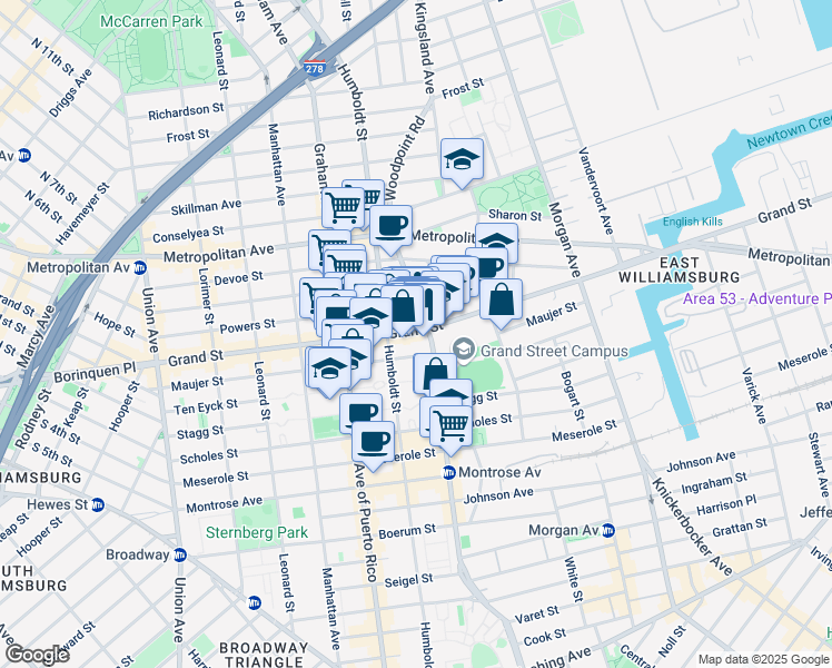 map of restaurants, bars, coffee shops, grocery stores, and more near 800 Grand Street in Brooklyn