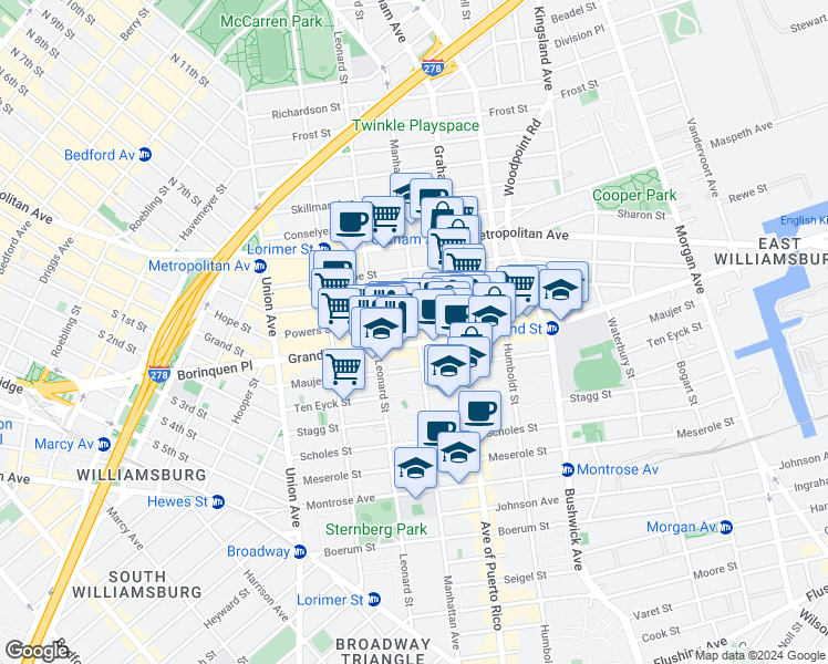 map of restaurants, bars, coffee shops, grocery stores, and more near 672 Grand Street in Brooklyn