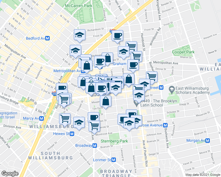 map of restaurants, bars, coffee shops, grocery stores, and more near 559 Grand Street in Brooklyn