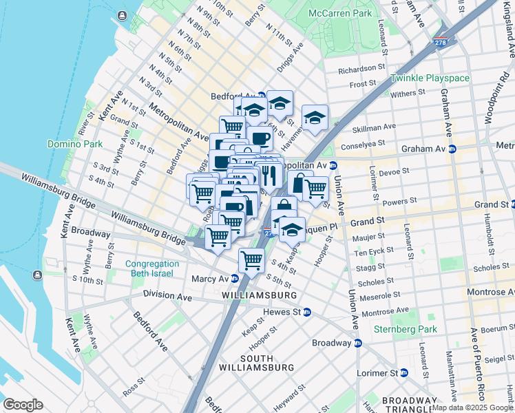 map of restaurants, bars, coffee shops, grocery stores, and more near in Brooklyn