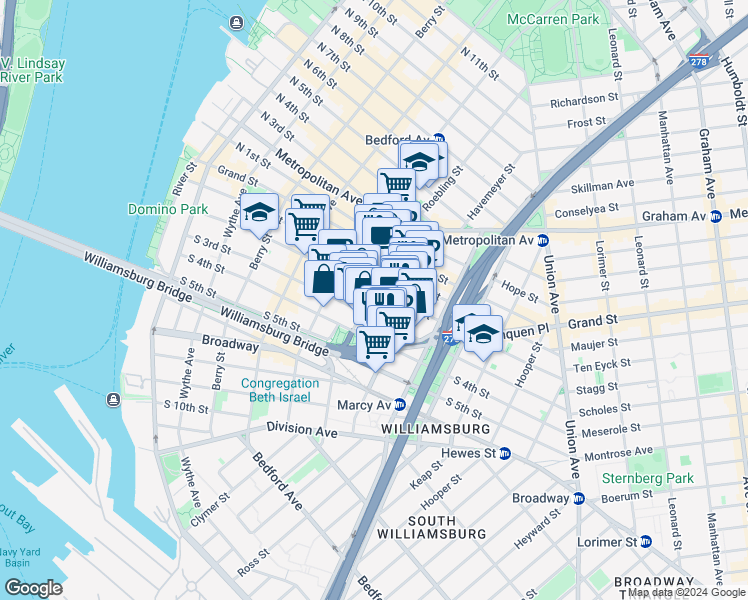 map of restaurants, bars, coffee shops, grocery stores, and more near 209 South 3rd Street in Brooklyn