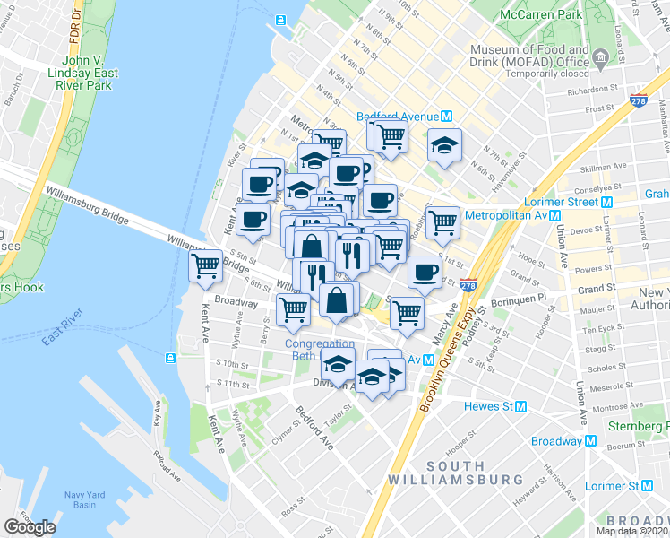 map of restaurants, bars, coffee shops, grocery stores, and more near 152 South 4th Street in Brooklyn